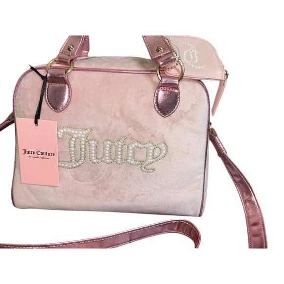JUICY COUTURE PINK DIAMOND VELOUR STRING OF PEARLS RHINESTONE SATCHEL PURSE NWT - Picture 2 of 12